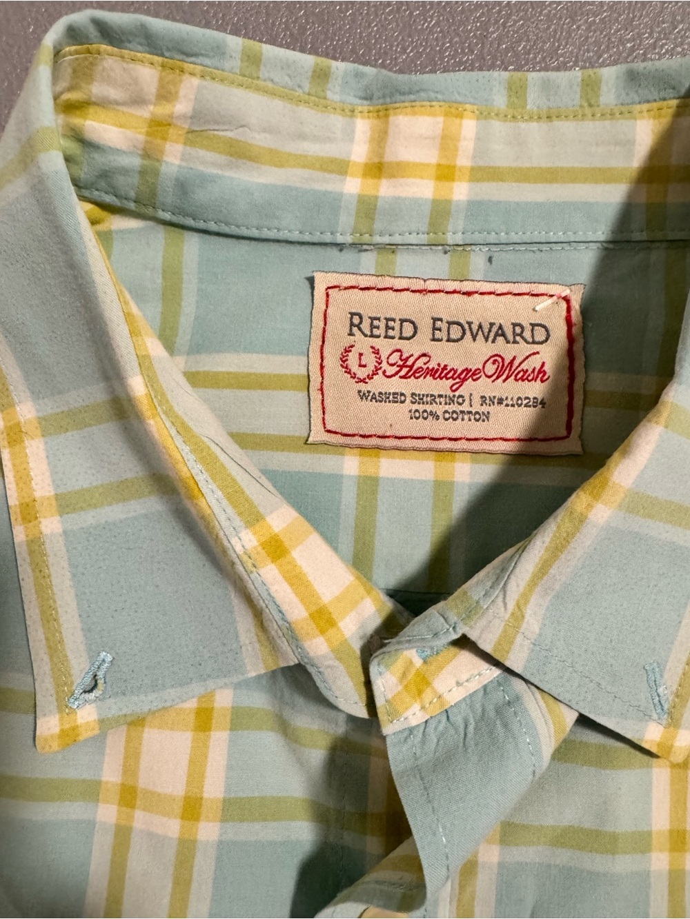 Reed Edward 100% Cotton Light Blue and Yellow Plaid Button-Down Shirt Size L - Picture 3 of 11